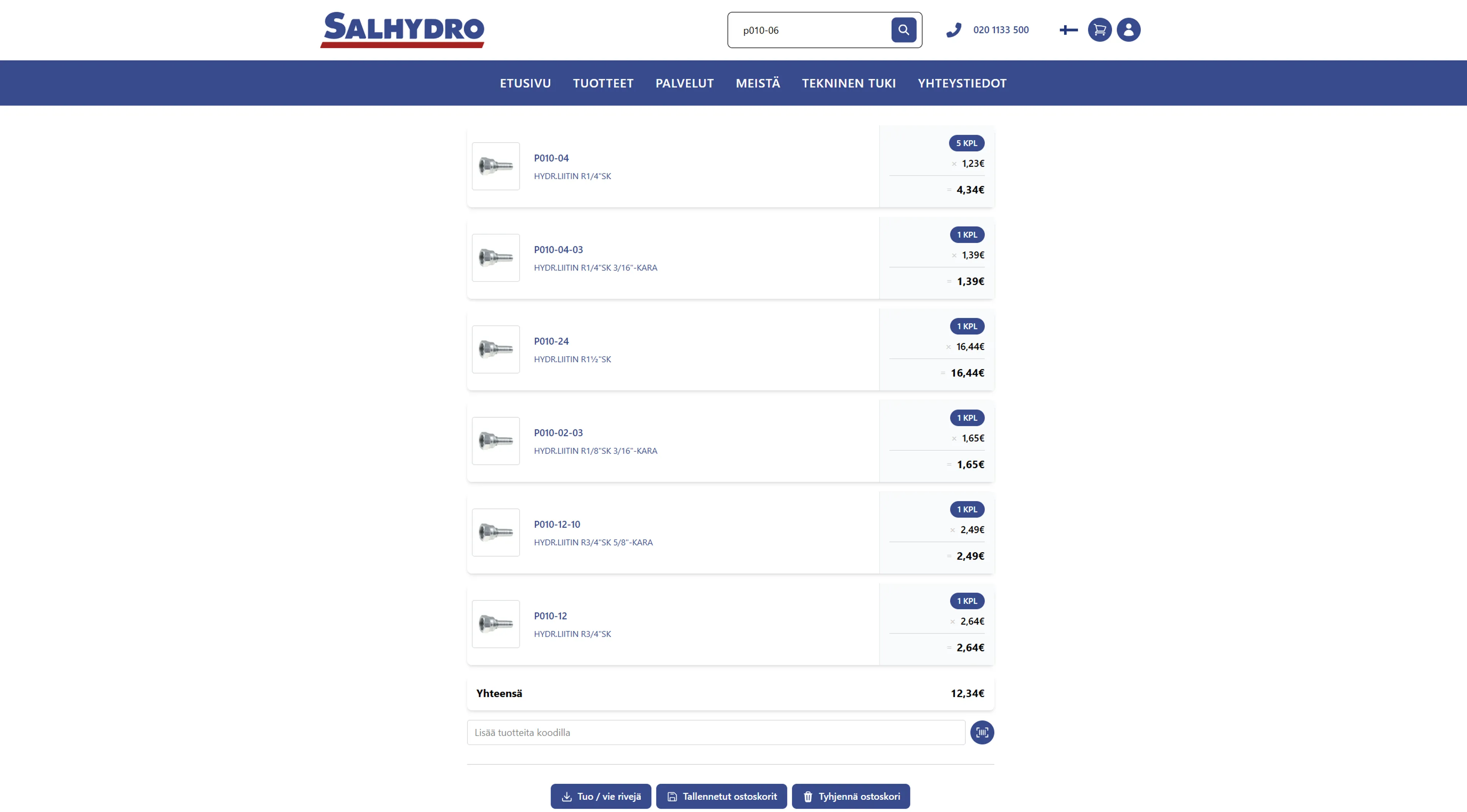 Online store shopping cart