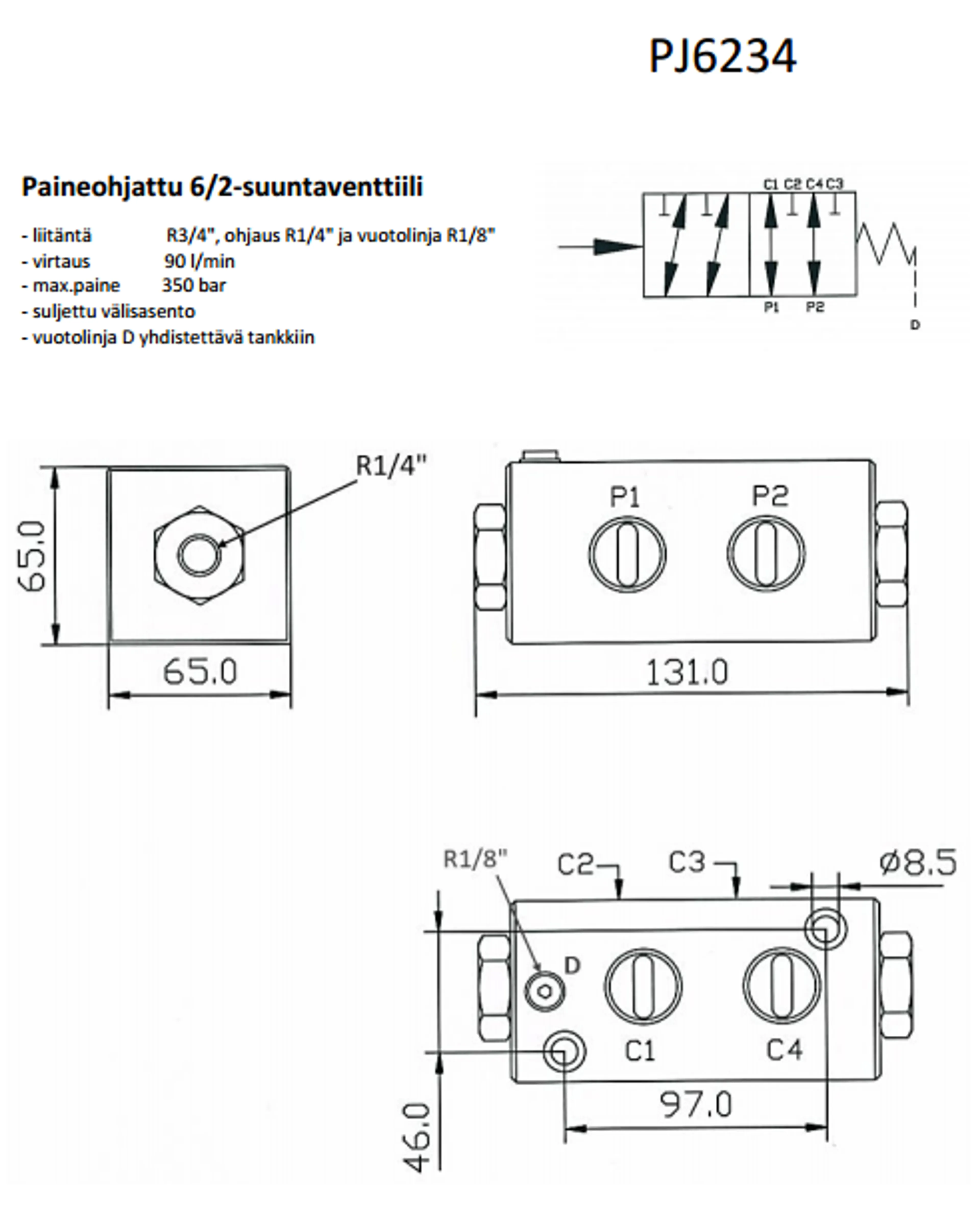 PJ6234 - Hydrauliskt förstyrd 6-vägsventil