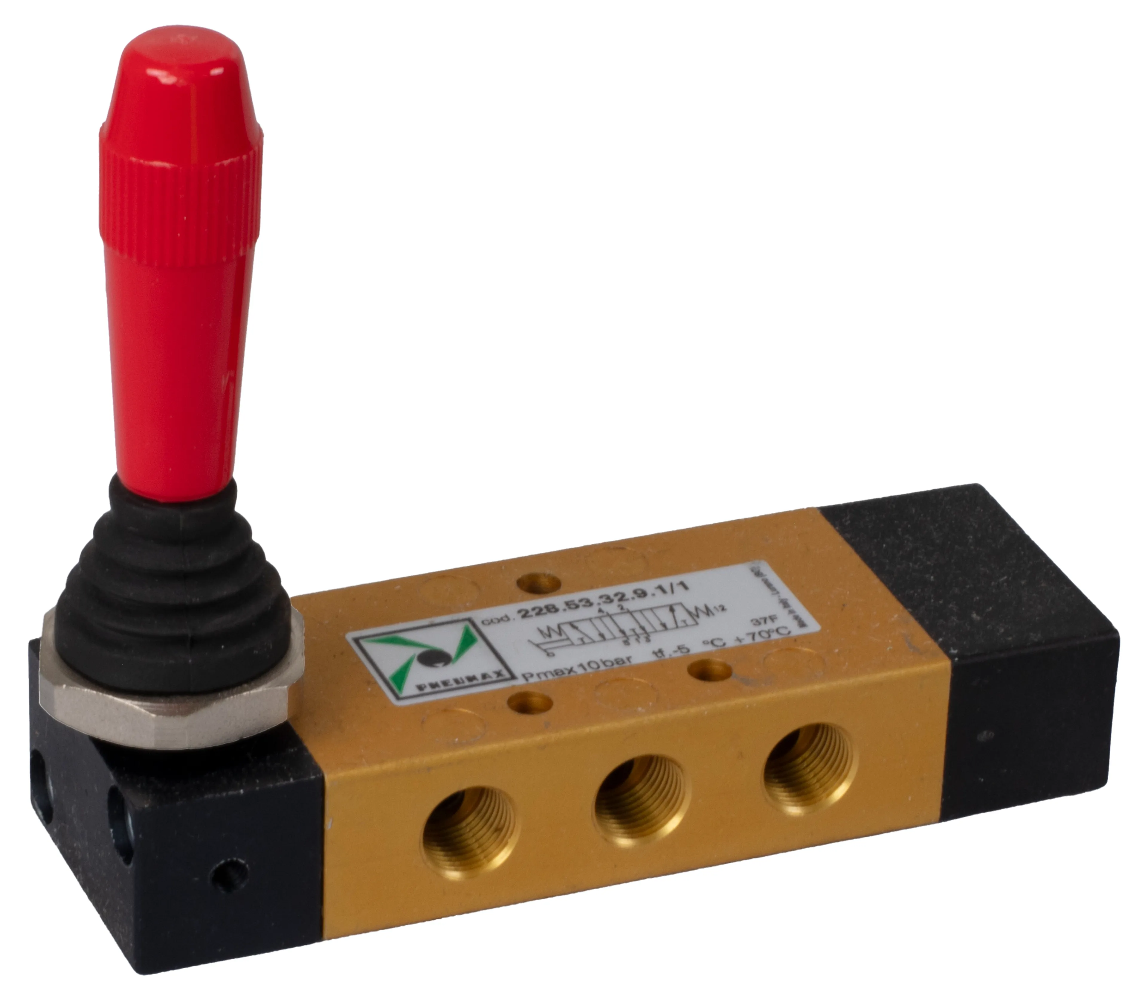 5/3-ventil med spakmanövrering 90° och fjäderretur 1/8" Pneumax